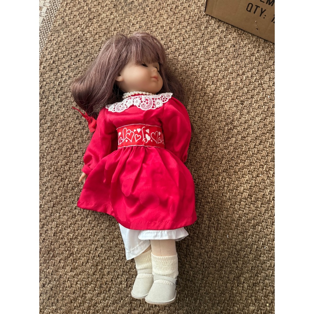 Vintage Wernicke‎ German Doll Red Lace Heart Dress Echt Leder Shoes Brown Hair
